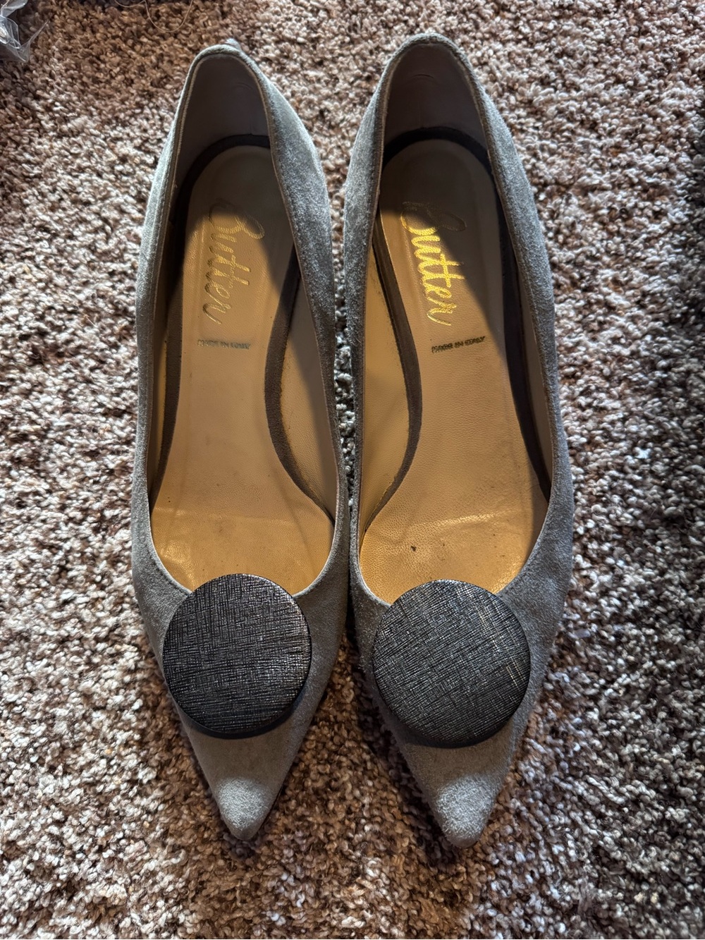 Butter Grey Pointed Toe Flats with Round Fabric Accent